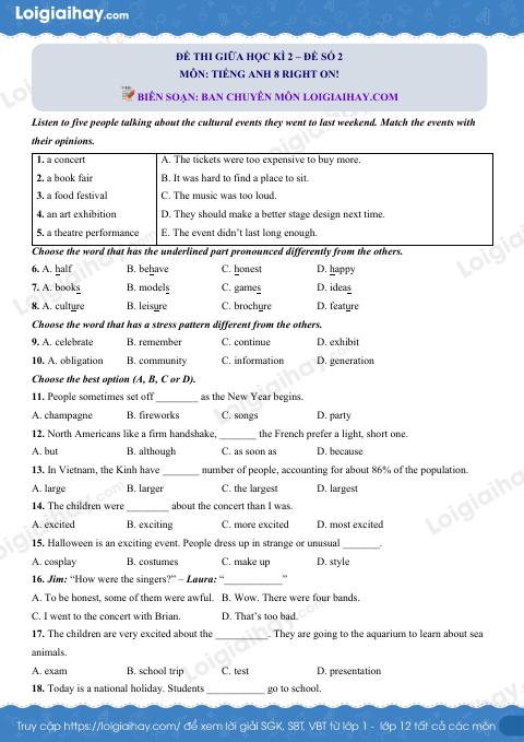Đề thi giữa kì 2 Tiếng Anh 8 Right on! - Đề số 2